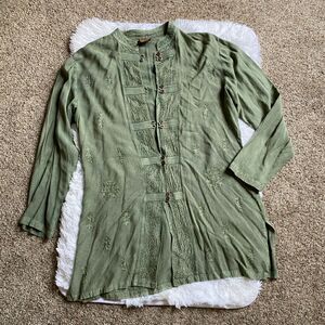 Geeta Tunic Top Over Shirt Embroidered Bohemian Button Front Green Rayon India